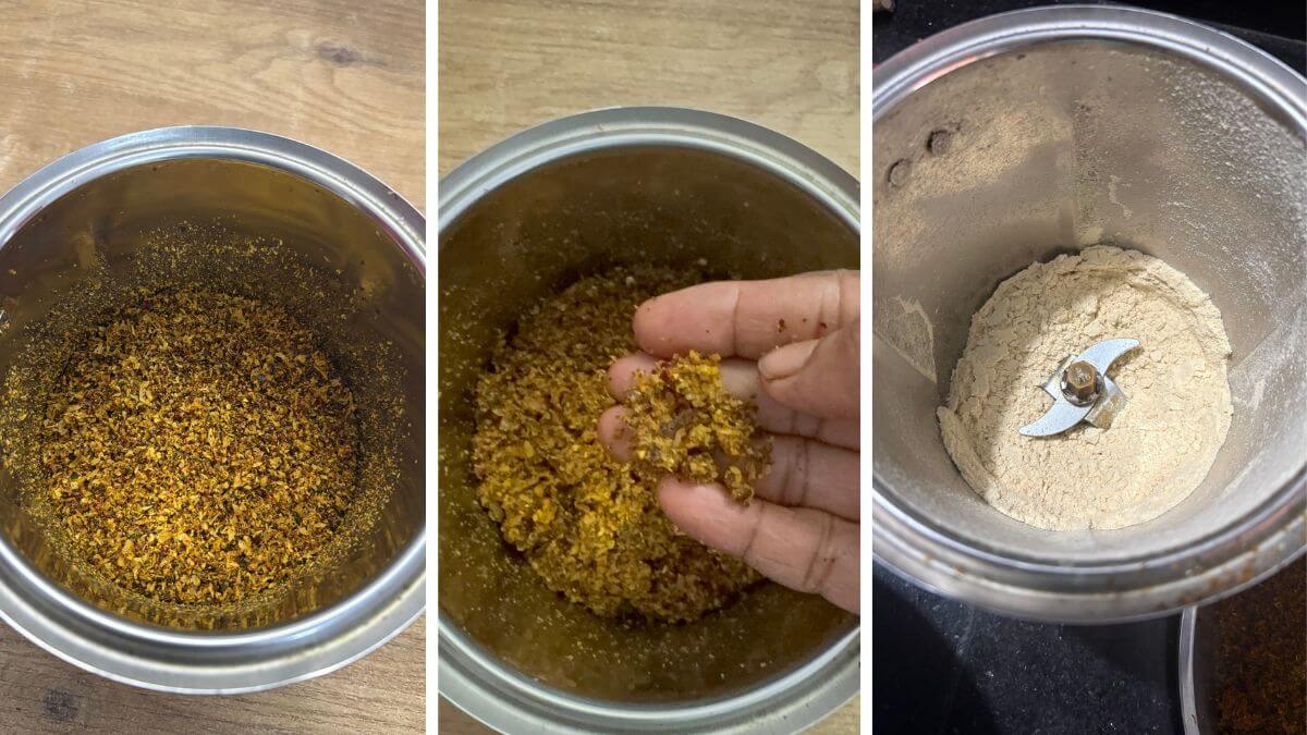 collage of three images showing how to grind chutney powder.