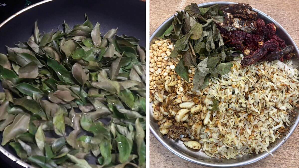 collage of 2 images showing roasting the curry leaves and other ingredients in a plate.