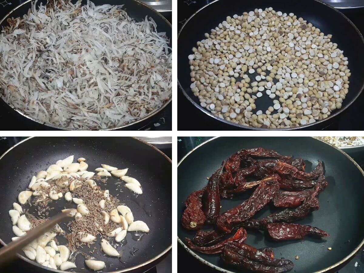 collage of 4 images showing roasting the chutney powder ingredients.