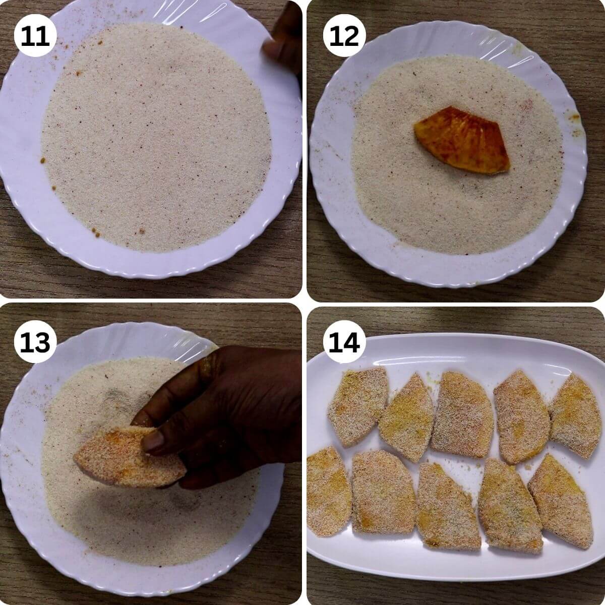 Collage of 4 images showing coating spiced breadfruit slices in rava.