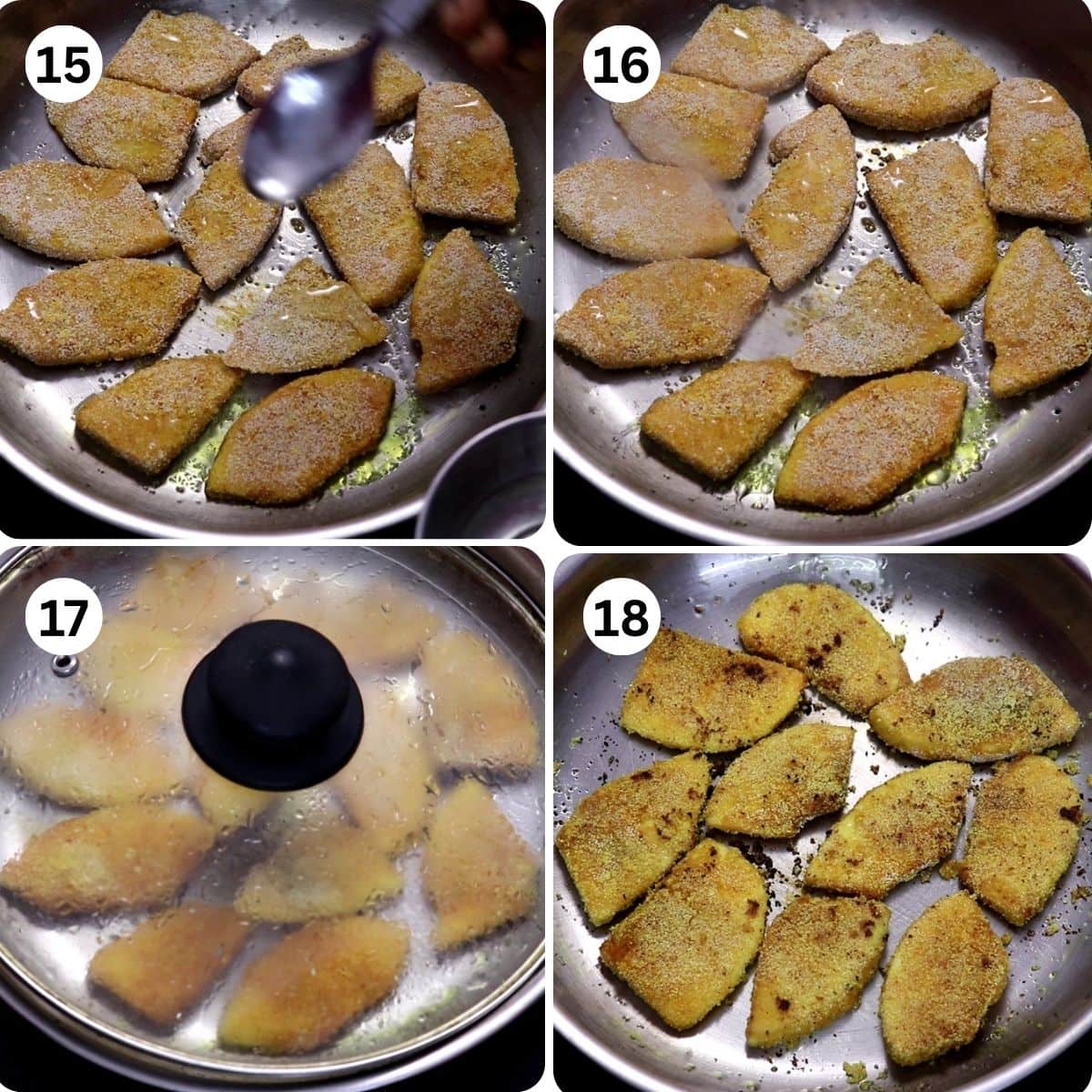 Collage of 4 images showing pan-frying the breadfruit fry or nirpanas kaap.