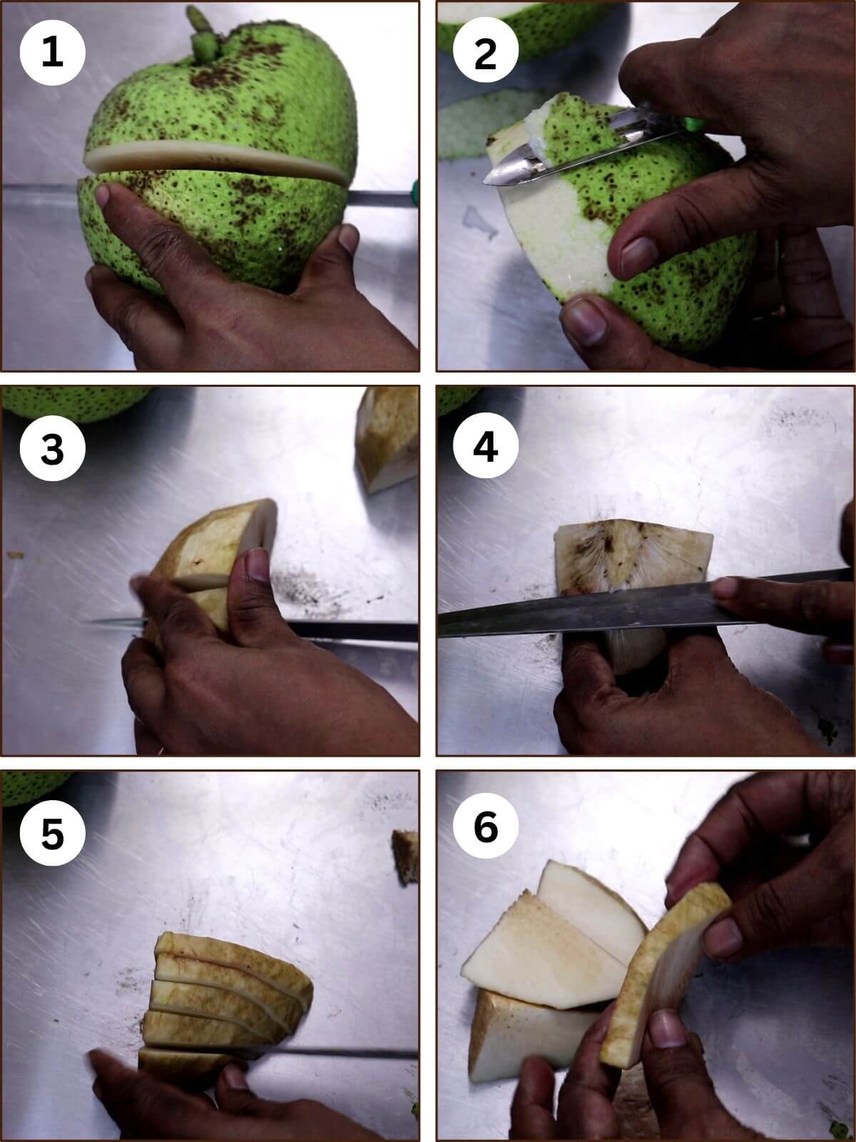 collage of 6 images showing how to cut breadfruit (nirpanas) to make kaap or fry.