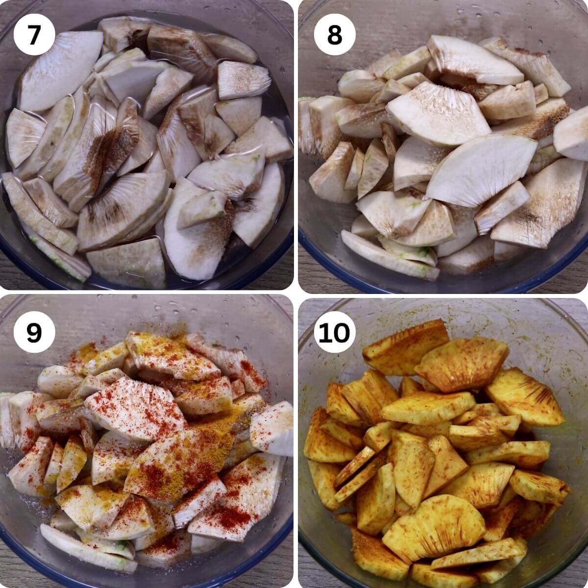 collage of 4 images showing marinating the breadfruit (nirpanas) with spices to make kaap or fry.