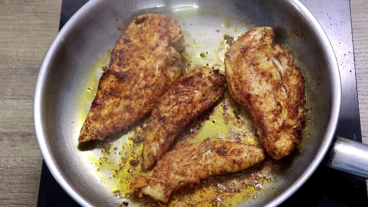 cooking chicken for lemon chicken pasta salad with feta.
