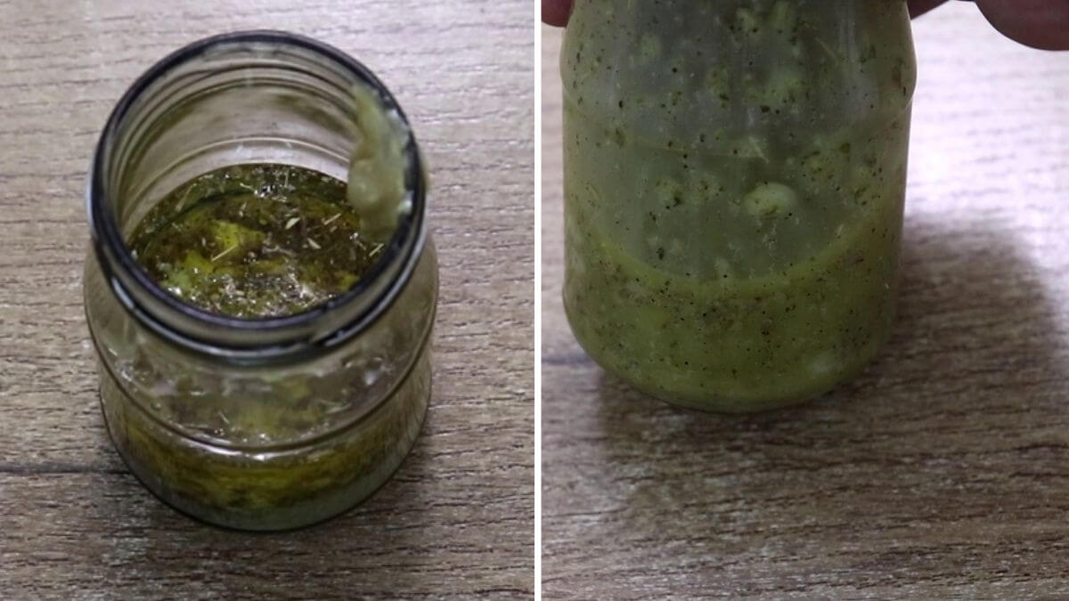prepping the lemon dressing for pasta salad in a glass jar.