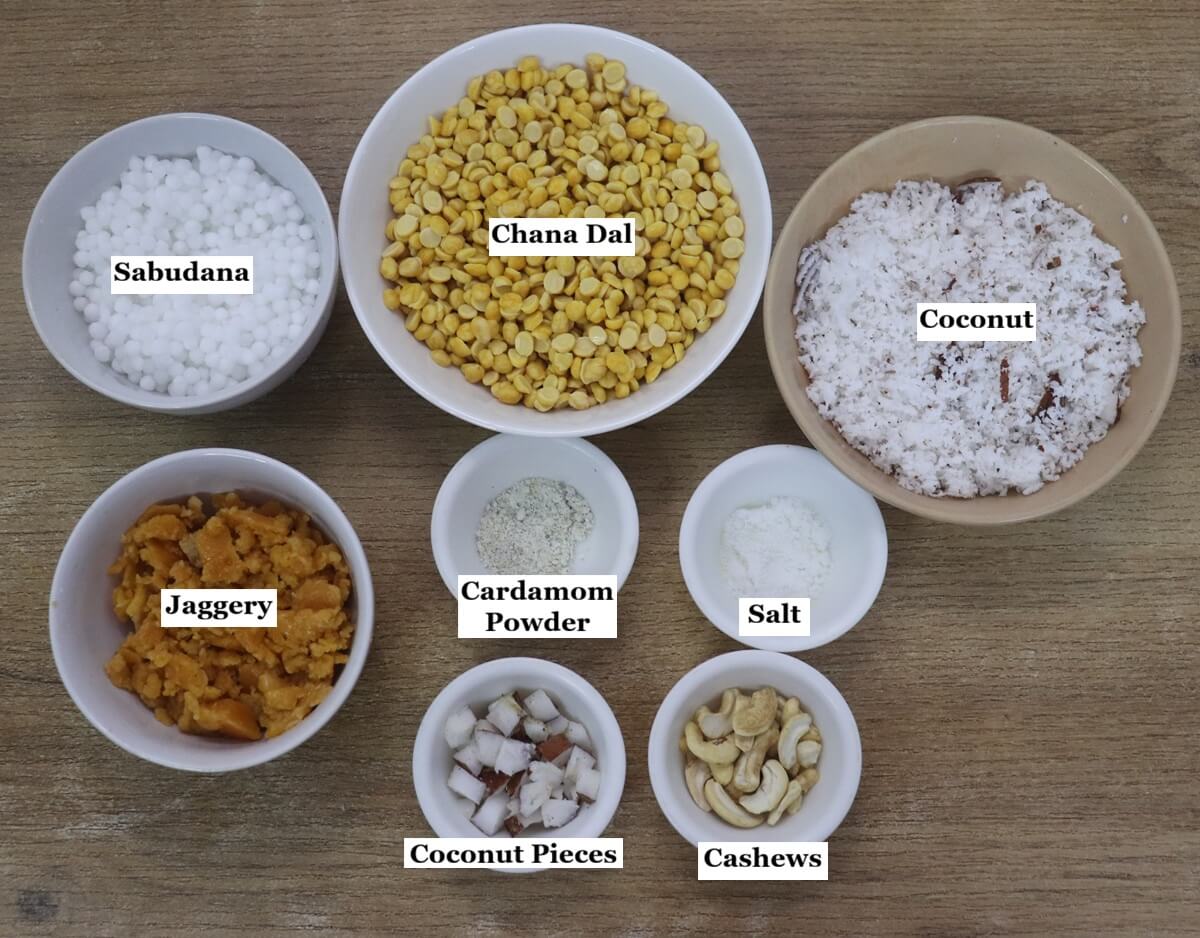 Individually labelled ingredients are laid out on a table to make mangane recipe.