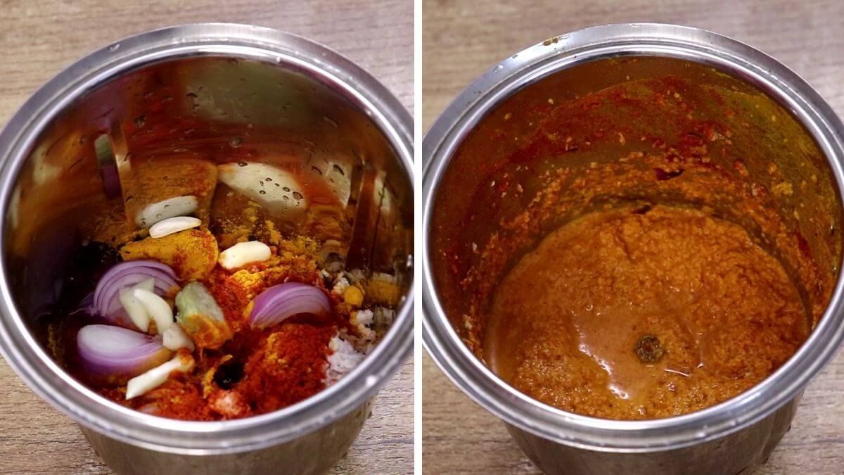 Grinding coconut, onion, ginger, garlic, and spices to a thick coarse paste for sukka masala.