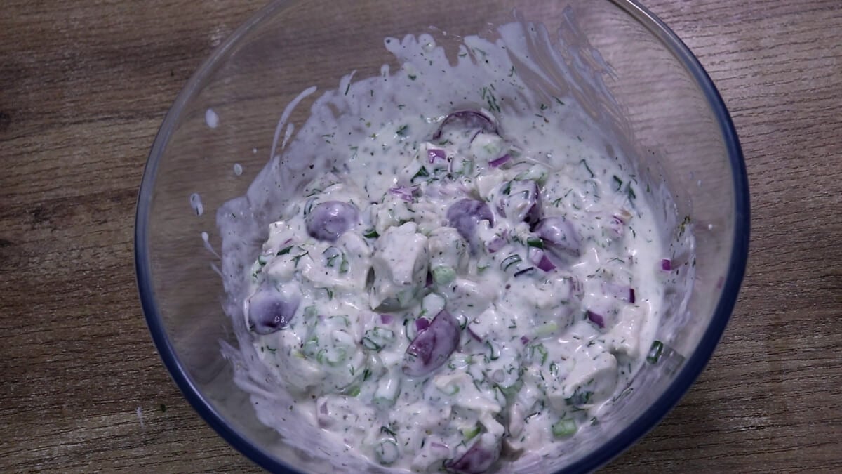 chicken mayo salad in a glass bowl.