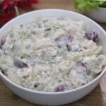Mediterranean Greek yogurt chicken salad made without mayo with chicken, apples, grapes, and herbs.