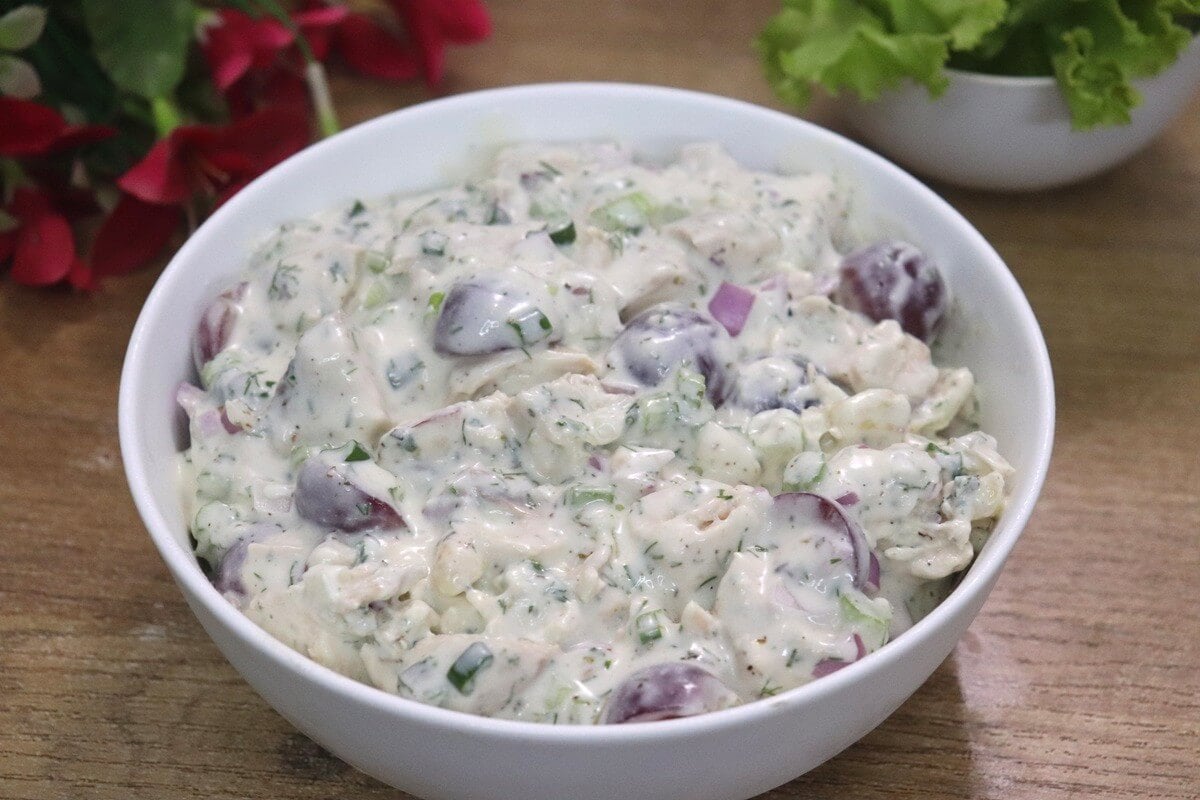 Mediterranean Greek Yogurt Chicken Salad made without mayo with chicken, apples, grapes, and herbs.