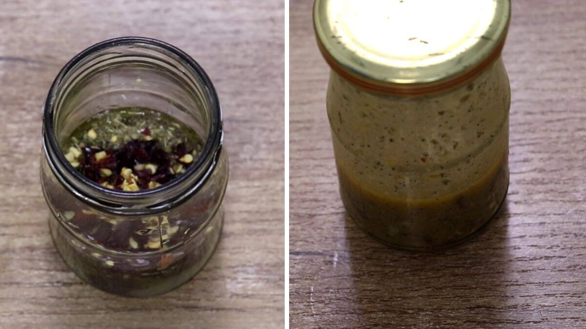 collage of two images showing mediterranean tuna salad dressing in a glass jar.
