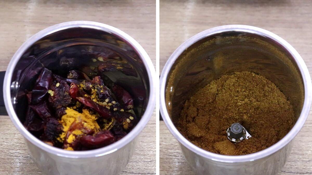 collage of 2 images showing freshly ground homemade Goan Xacuti masala powder.