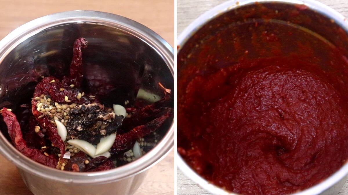 Homemade ghee roast masala before and after grinding.