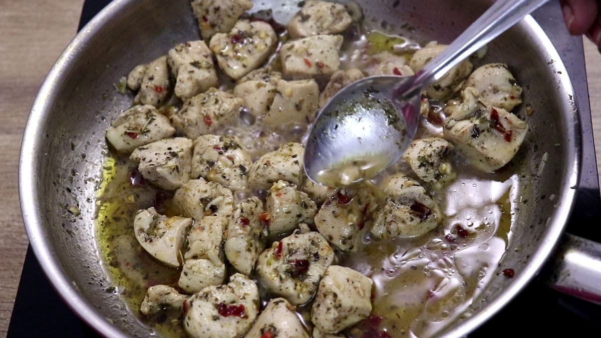Juicy Mediterranean lemon garlic chicken coated in flavorful pan juices.