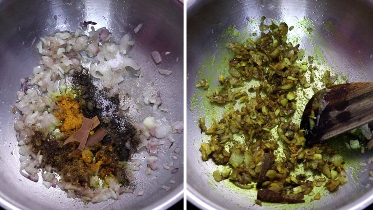 addition of spices and cooking it to make yellow rice recipe.