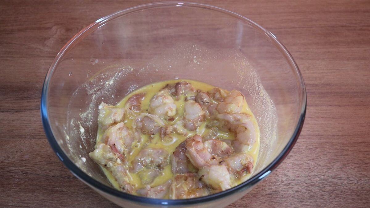 Prawns marinated with yogurt, turmeric, salt, and lemon juice for prawn ghee roast.