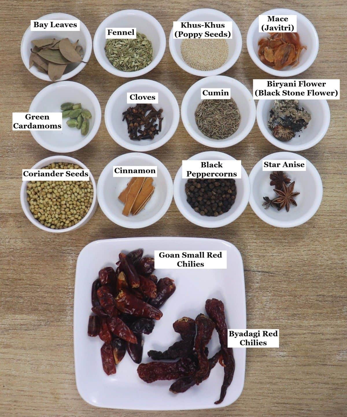 individually labelled ingredients to make xacuti masala powder are laid out on a table.