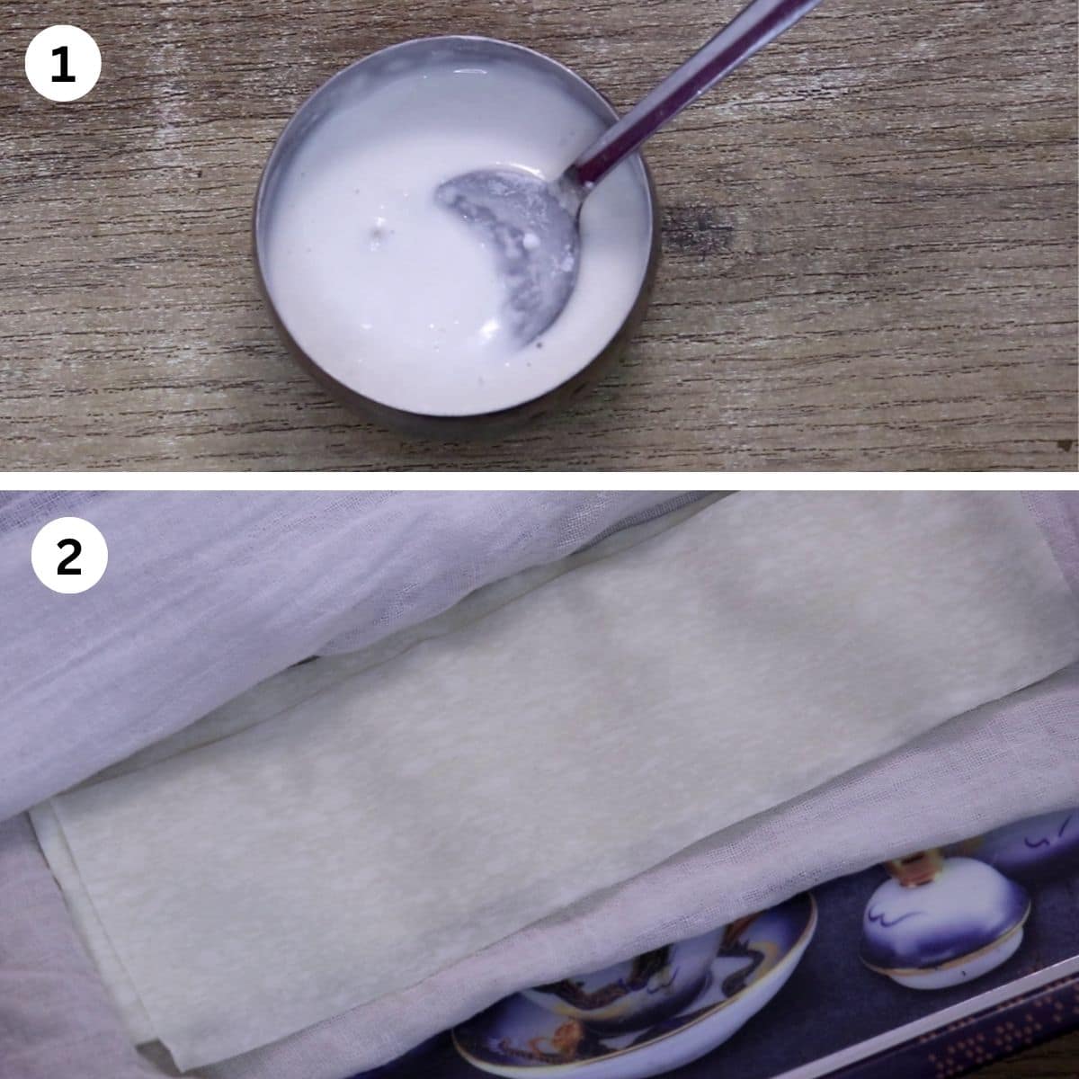 Collage of 2 images showing flour paste and samosa patti for making chicken keema samosas.