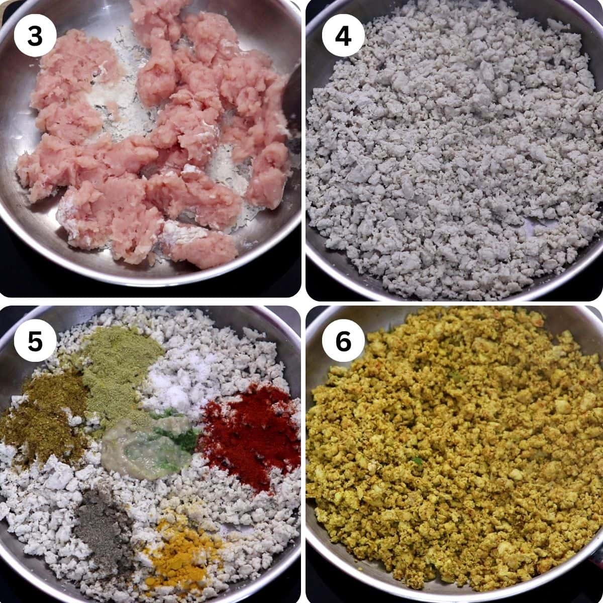 collage of 4 images showing chicken keema cooking with spices and cooked dry chicken keema filling.