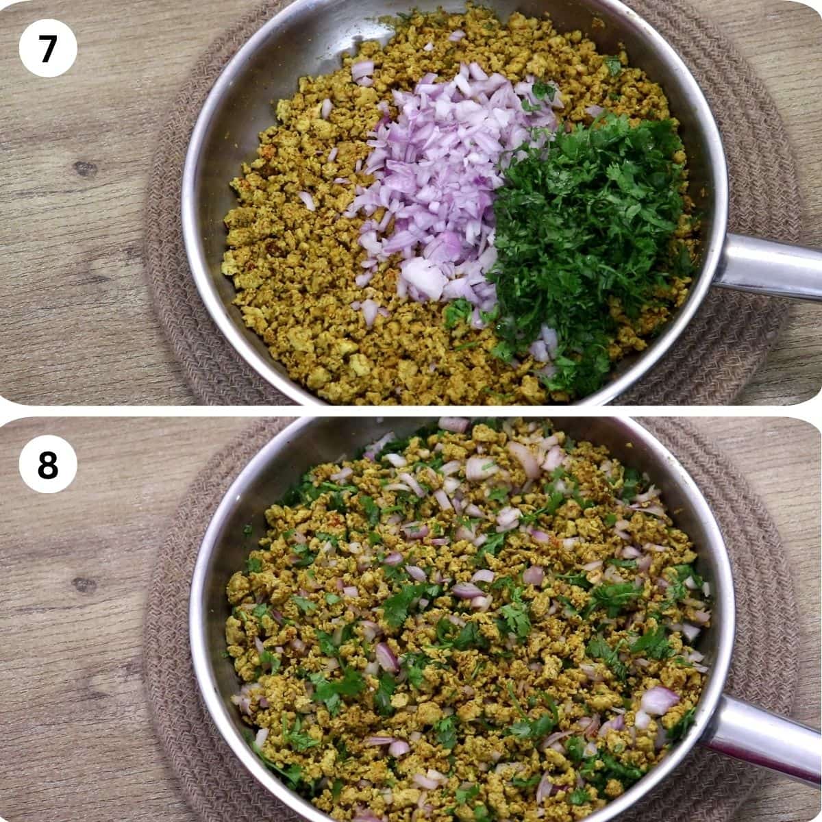 collage of 2 images showing cooled chicken keema filling with chopped onion and coriander leaves.
