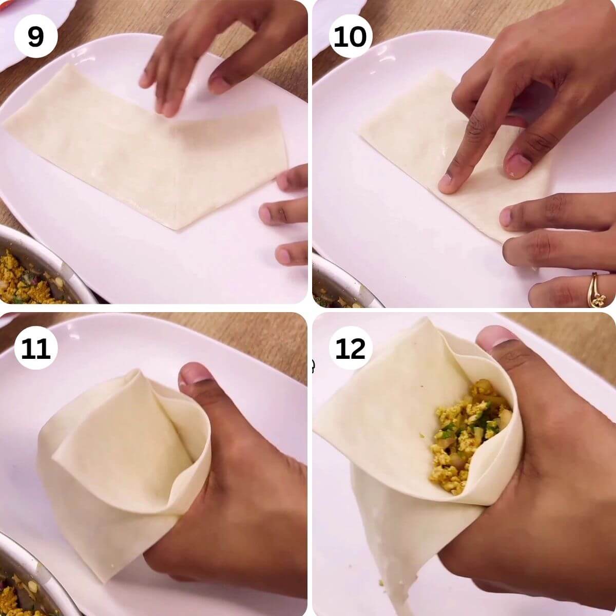 collage of 4 images showing folding samosa patti into a triangle and filling it with chicken keema.