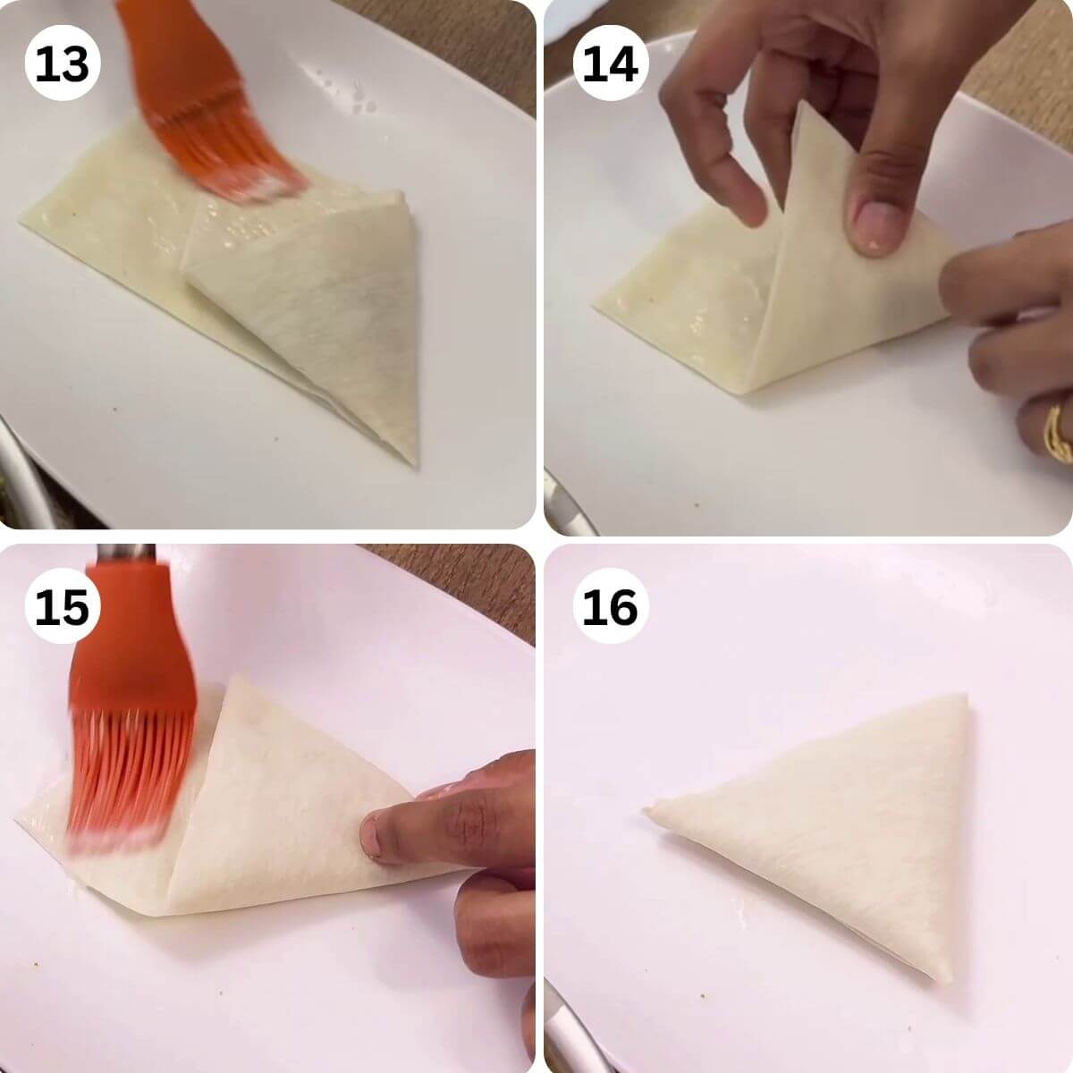 collage of 4 images showing applying the flour paste, folding and sealing chicken keema samosa patti.