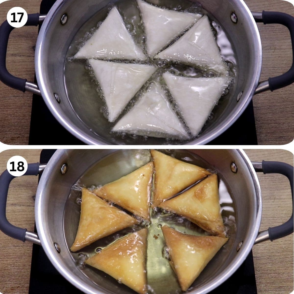 Chicken keema samosas frying in hot oil until golden and crispy.