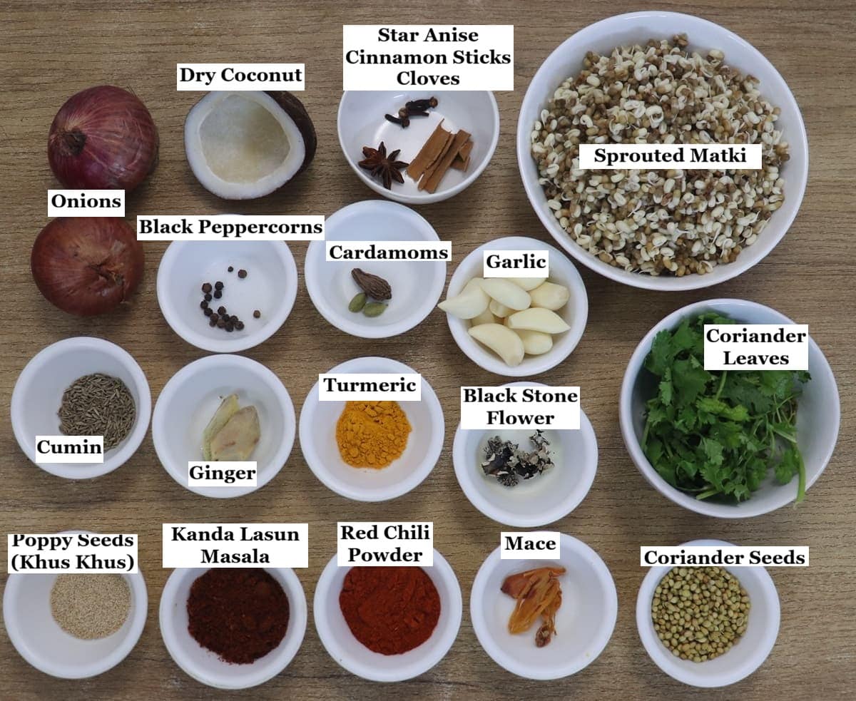individually labelled ingredients to make kolhapuri misal pav are laid out on a table.