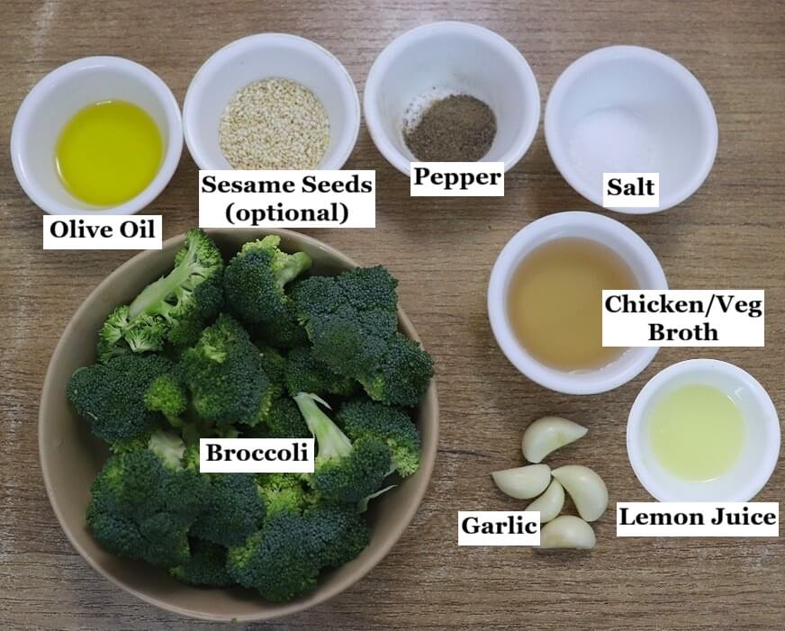 individually labelled ingredients to make Mediterranean lemon garlic broccoli recipe.
