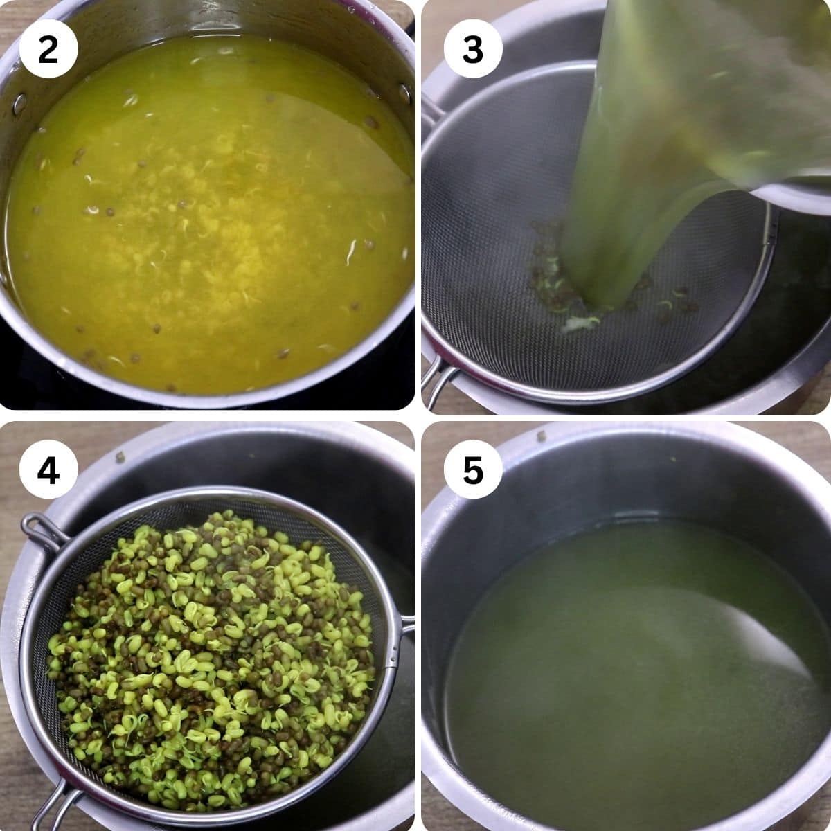 Image collage of 4 steps showing sprouted matki cooked with turmeric and salt, then strained for Kolhapuri Misal.