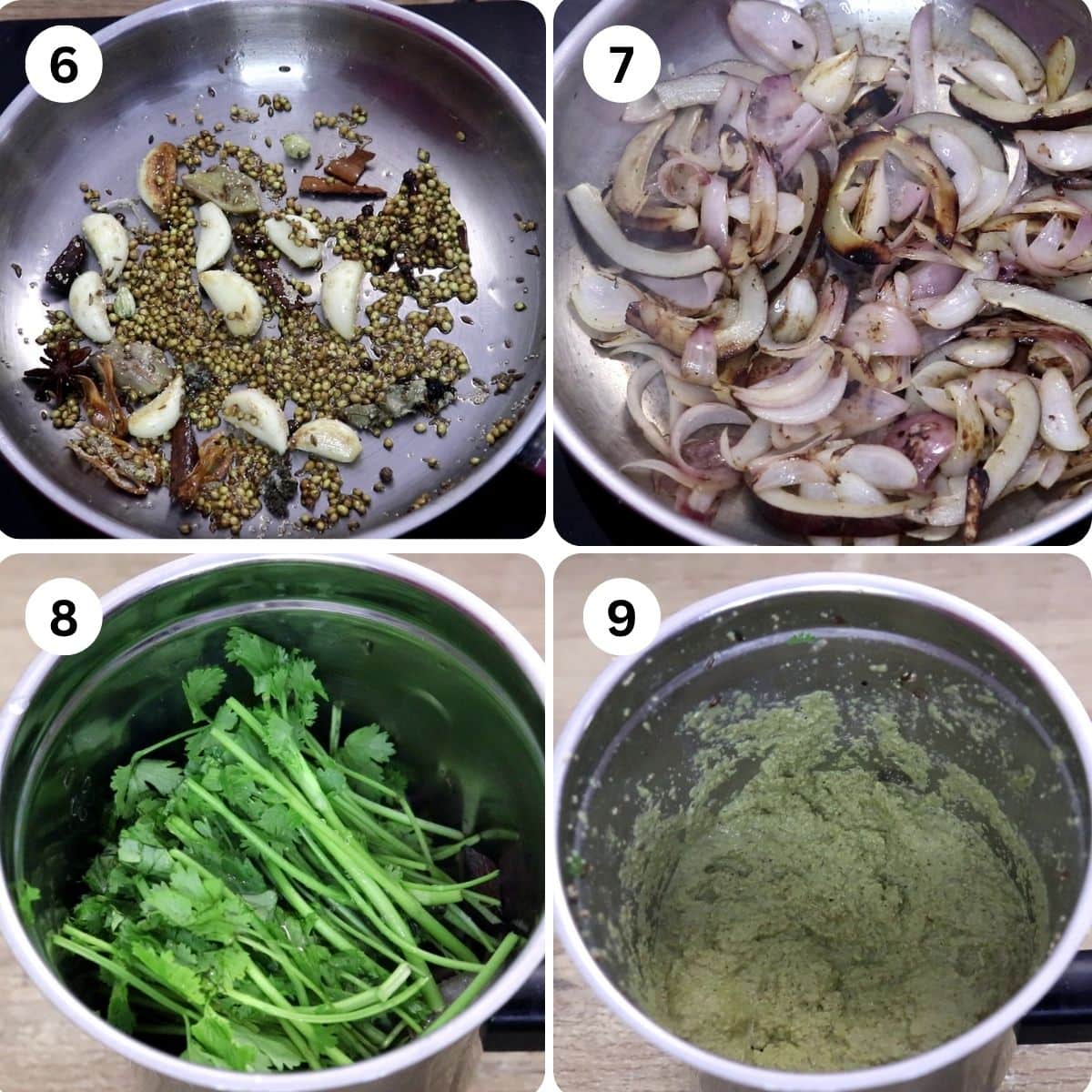 Image collage of 4 steps showing homemade Misal vatan made with roasted spices, onion and dry coconut, ground to a smooth paste.