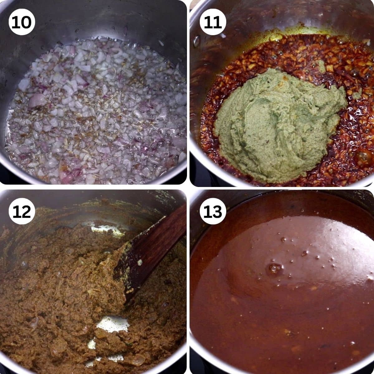 Image collage of 4 steps showing Kolhapuri Misal tarri preparation showing onions sautéed, vatan and Kanda Lasun Masala added, and cooked until the oil separates.