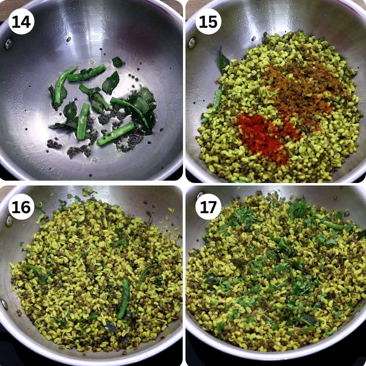 Image collage of 4 steps showing Kolhapuri Misal matki usal preparation It shows tempering, cooked sprouted matki added, and garnished with fresh coriander.
