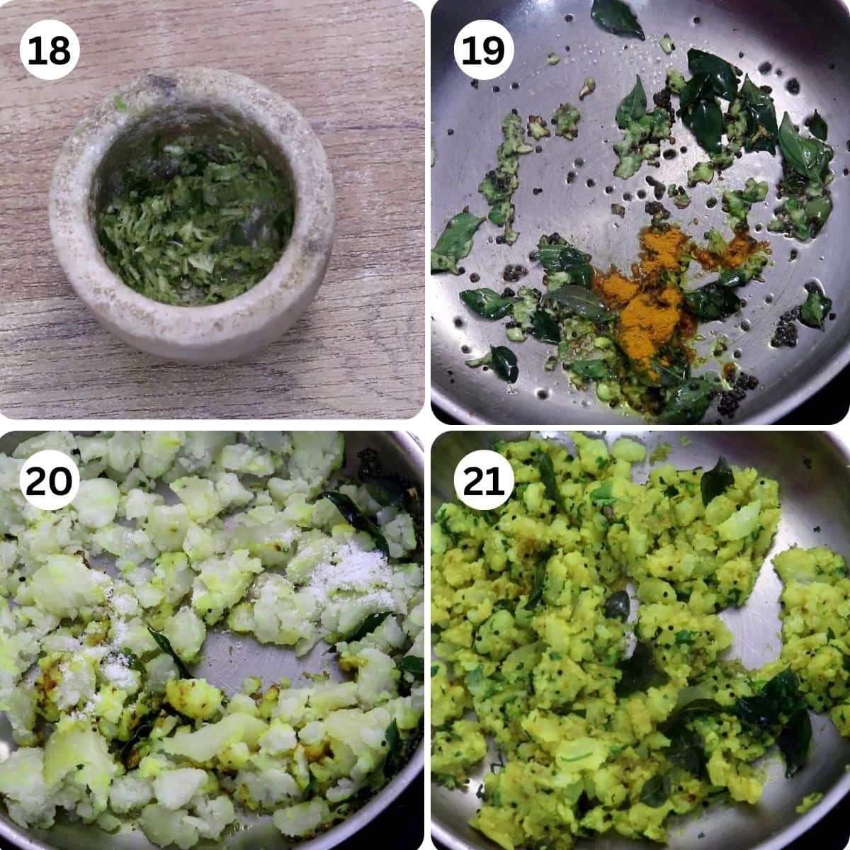 Image collage of 4 steps showing Maharashtrian batata bhaji preparation. It shows garlic and green chili paste preparation, tempering, addition of cooked potatoes and cooking it.