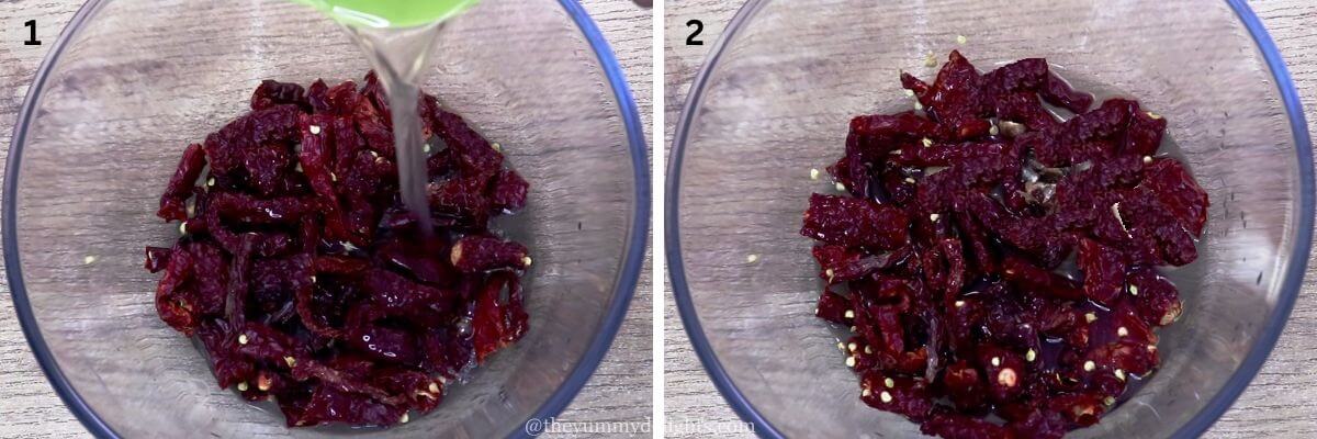 soaking kashmiri red chilies in hot water to make recheado masala.
