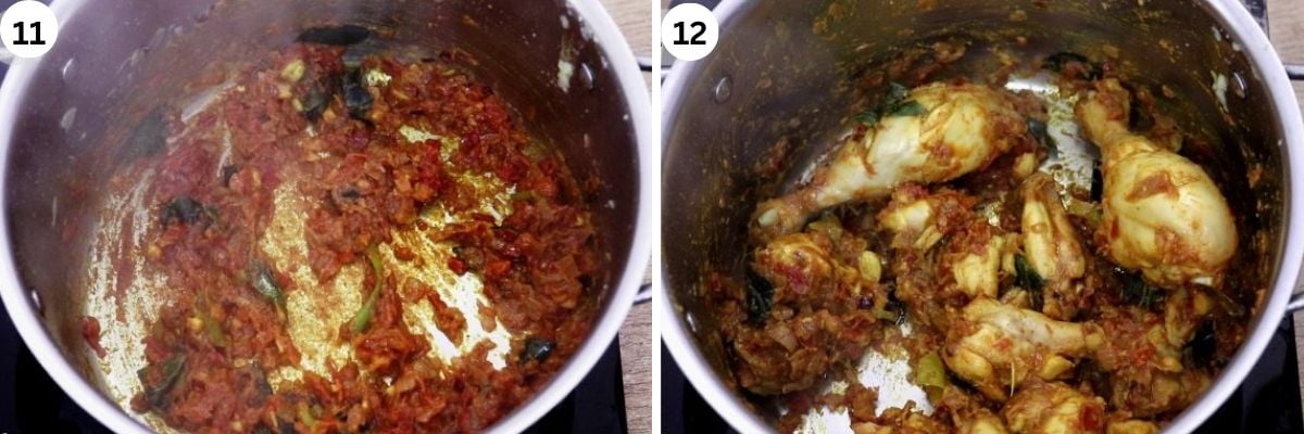 collage of 2 images showing addition of chicken to salna masala.