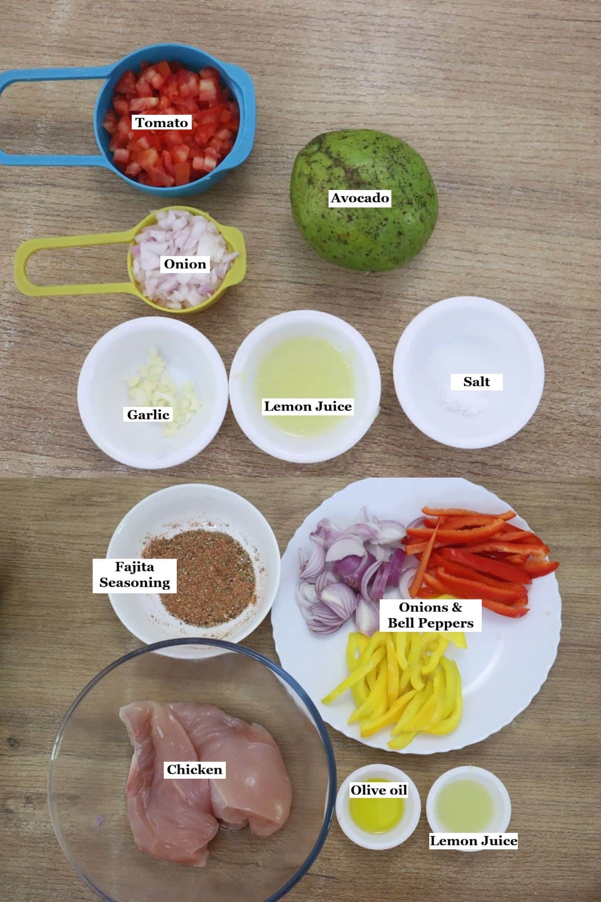 individually labelled ingredients to make chicken fajita wrap recipe are laid out on a table.
