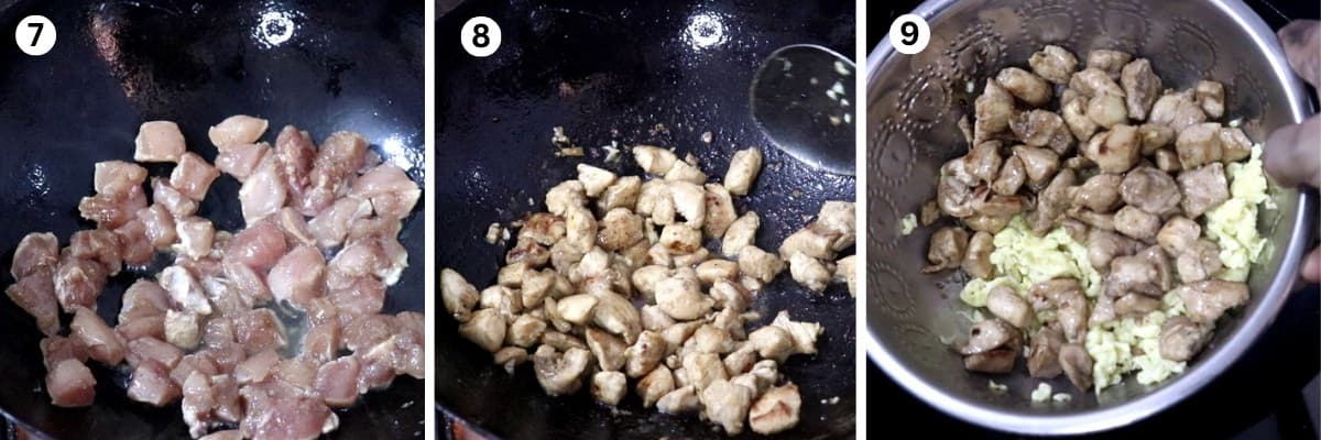 Collage of 3 images showing stir-frying chicken to make fried rice.