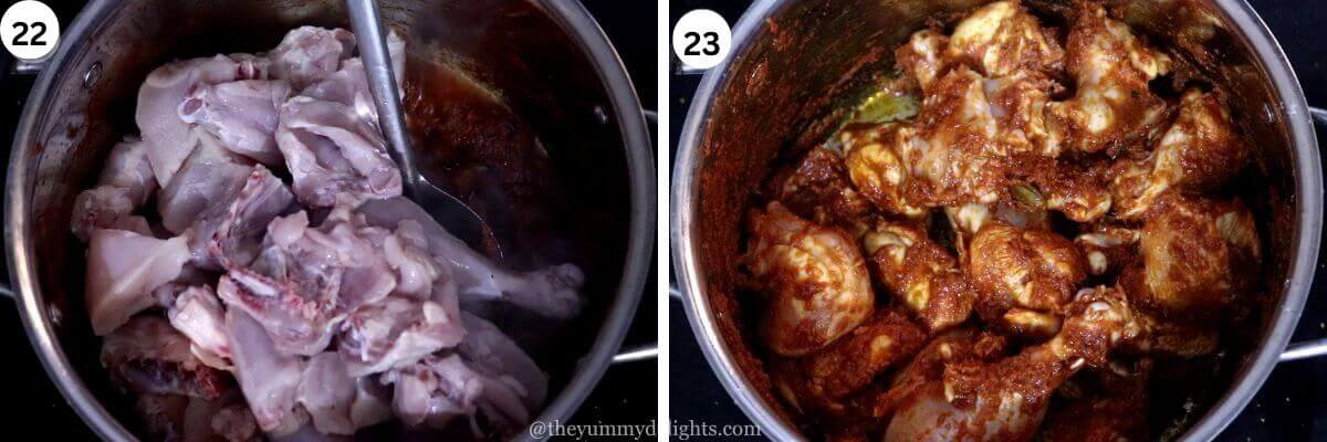 collage image of 2 steps showing addition of chicken and stir-frying it with spice paste.