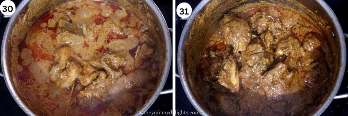 collage image of 2 steps showing cooked chicken rendang curry.