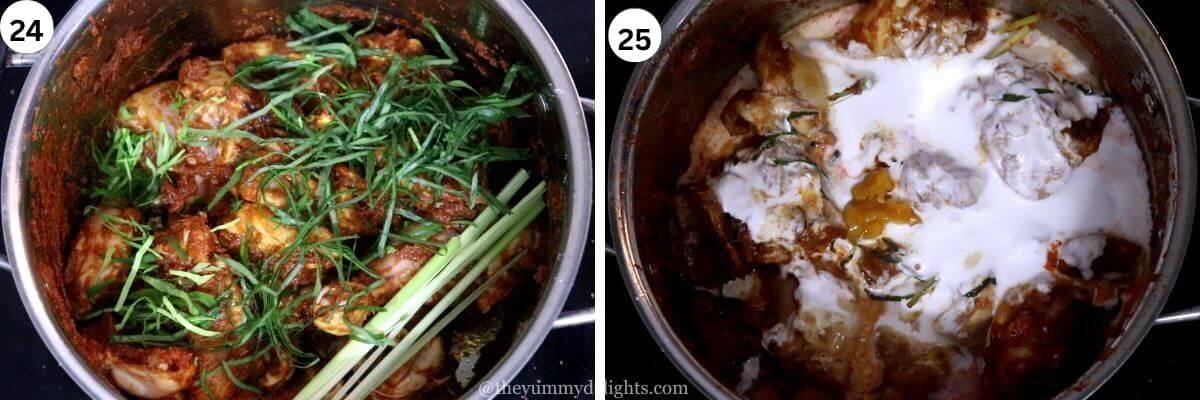 collage image of 2 steps showing addition of turmeric leaves, lemongrass stalk, and kaffir lime leaves. And addition of coconut milk and jaggery to the rendang chicken curry.