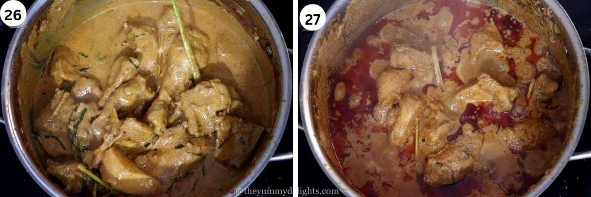 collage image of 2 steps showing cooking the chicken with spice paste and coconut milk.