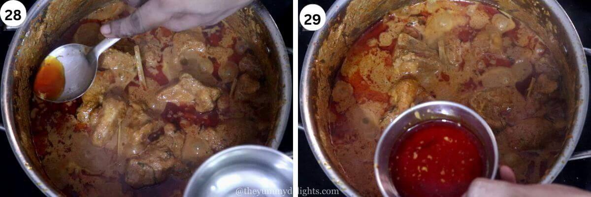 collage image of 2 steps showing removing additional oil from the chicken rendang curry.