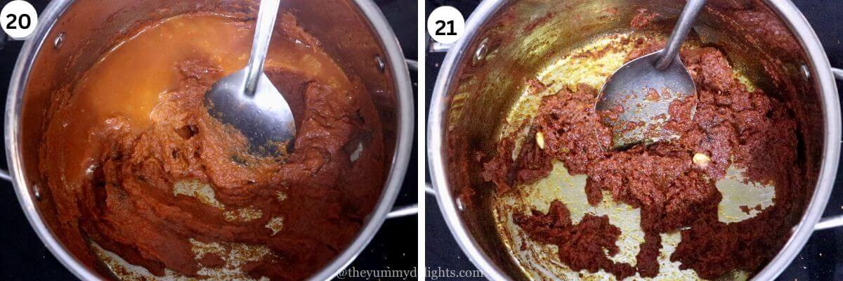 collage image of 2 steps showing cooking the spice paste to make rendang curry.