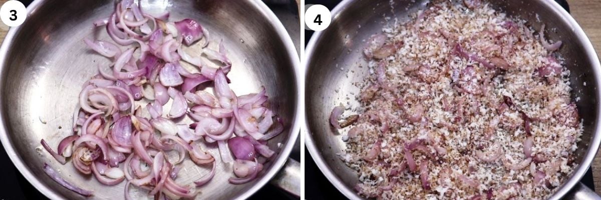 collage of 2 images showing roasting onion and coconut for making chicken salna.