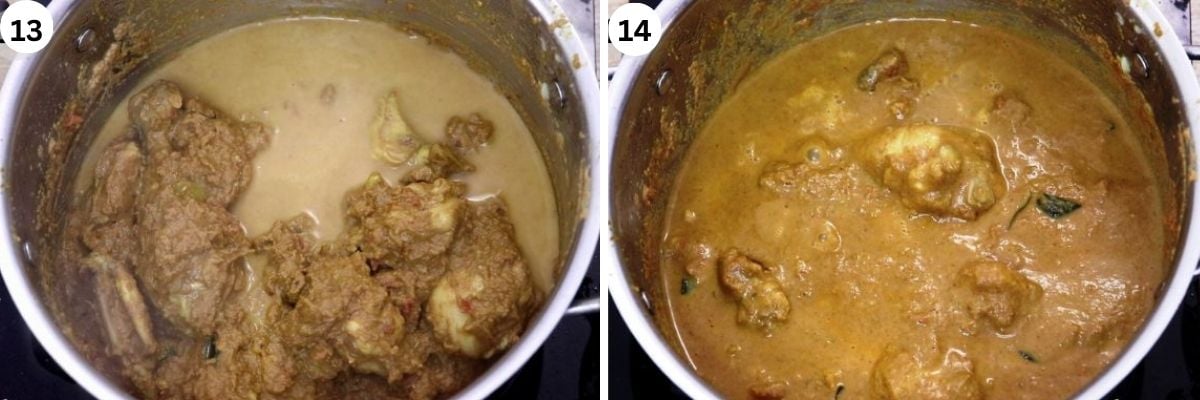 collage of 2 images showing cooking chicken for salna.