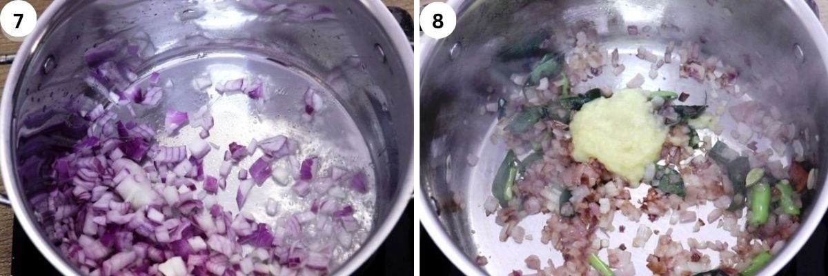 collage of 2 images showing cooking onions and addition of ginger-garlic paste to make chicken salna.