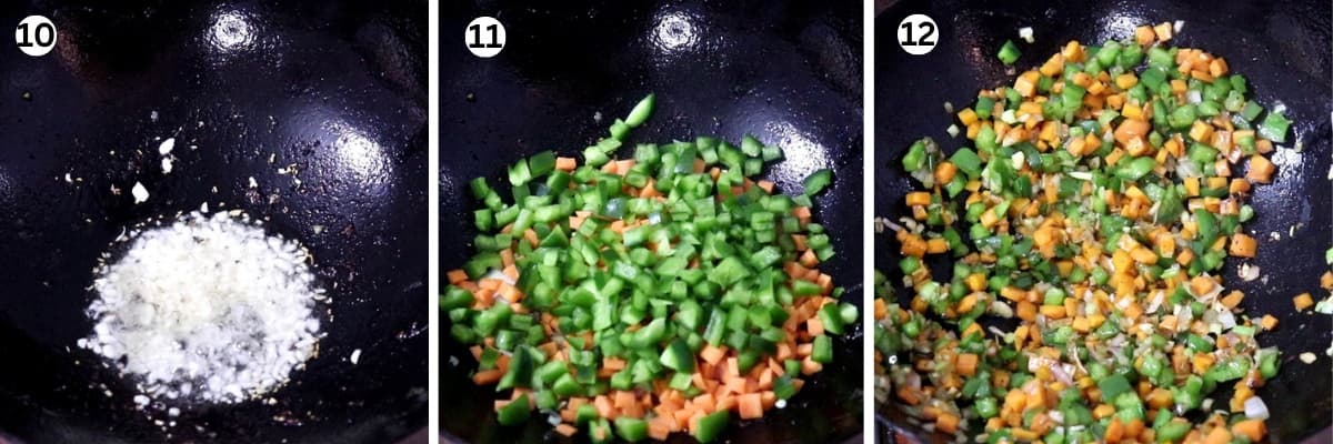 Stir-frying vegetables and aromatics to make chicken fried rice restaurant style.