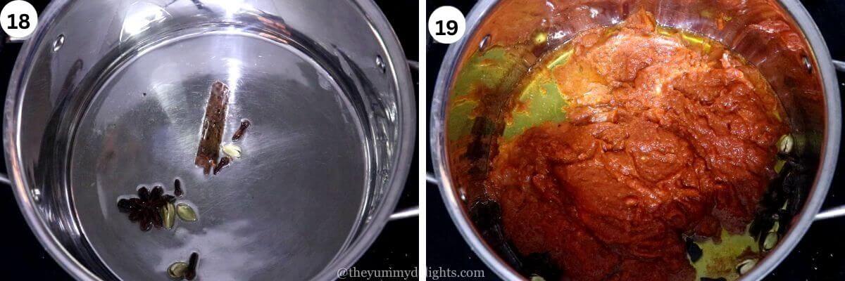 collage image of 2 steps showing how to make chicken rendang. It shows how to saute spices, and addition of spice paste.