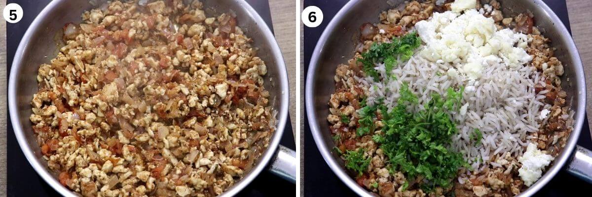 Adding cooked rice, cheese, and parsley to the Mediterranean stuffed pepper filling.